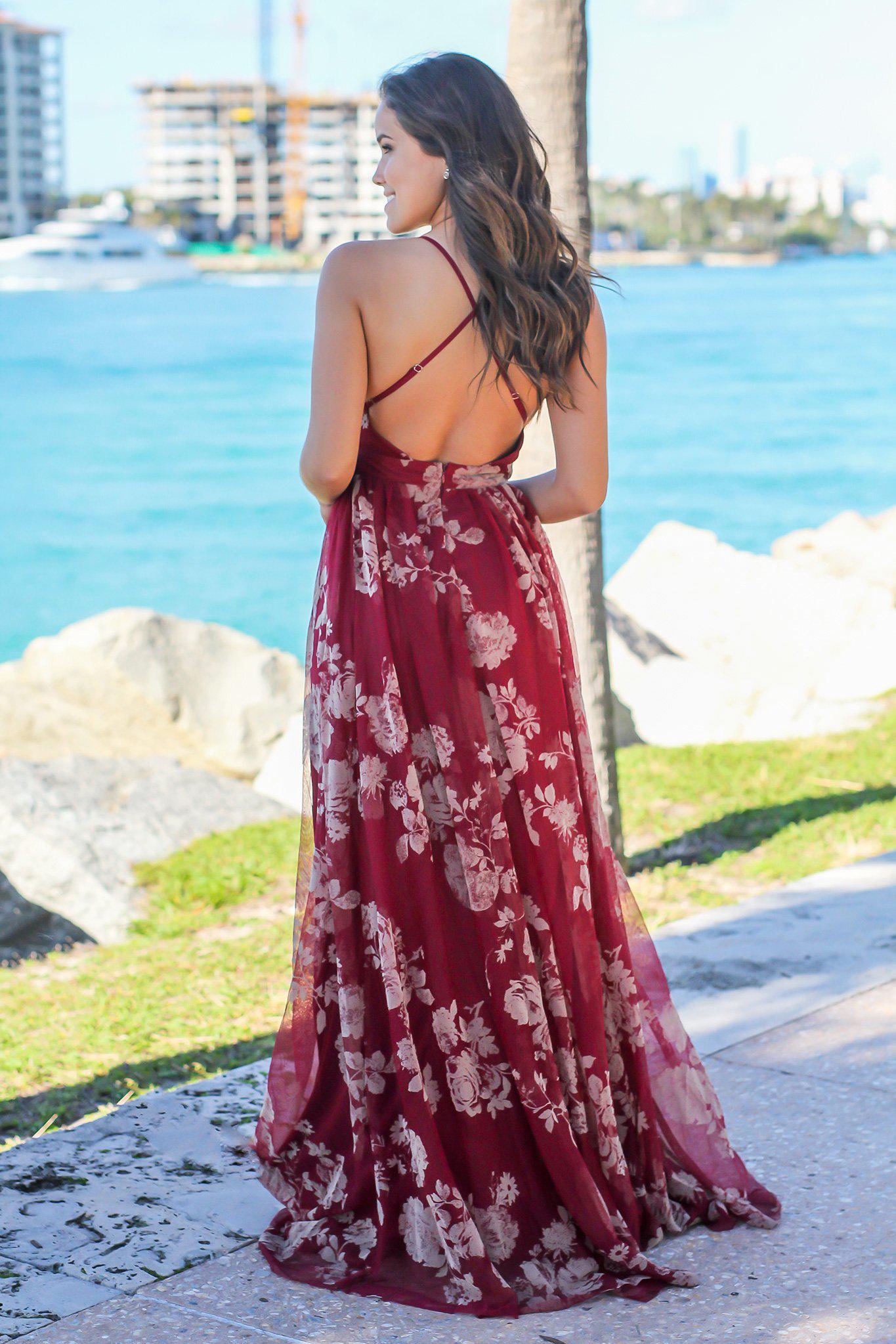 Wine Printed Tulle Maxi Dress with ...